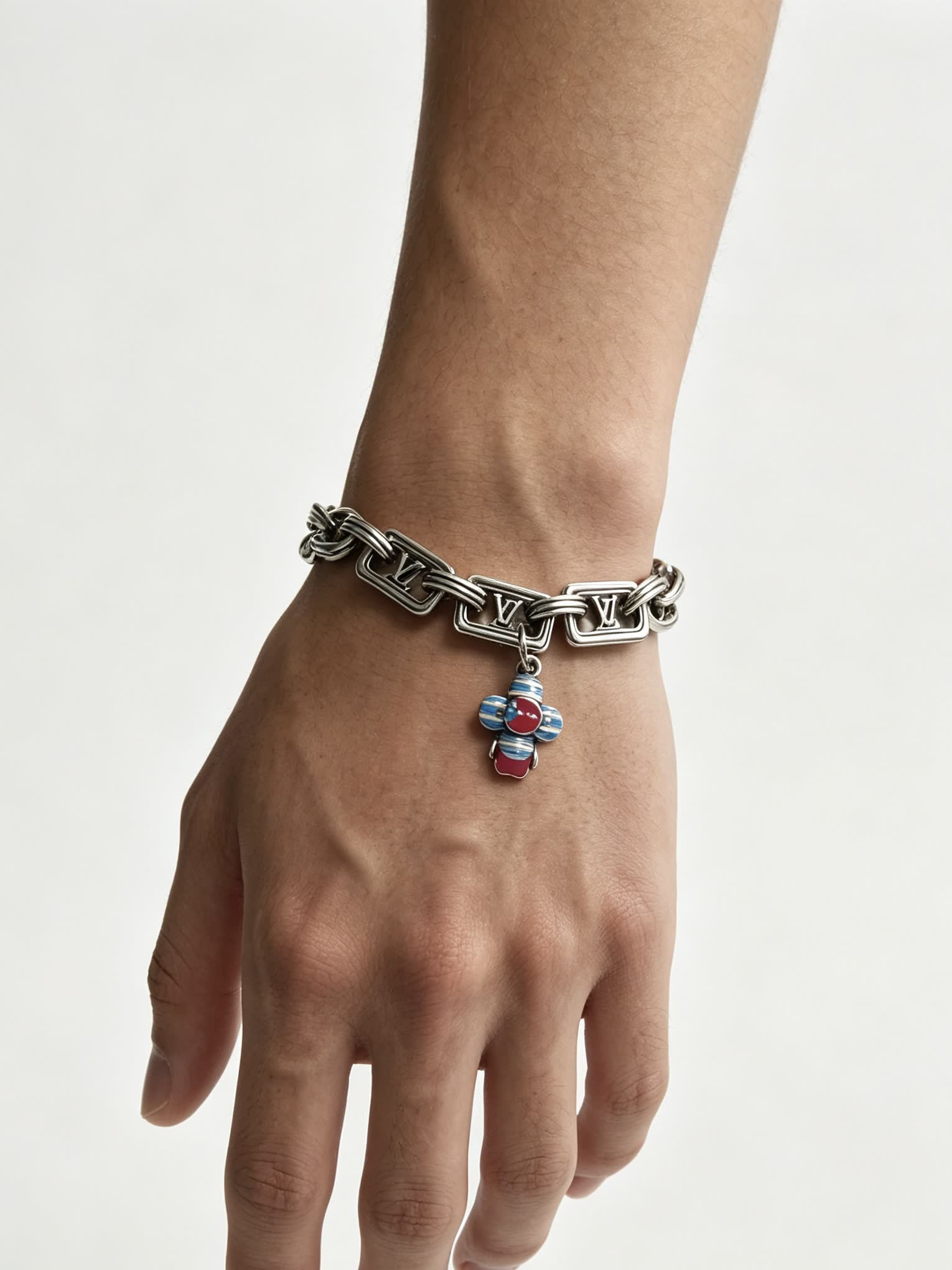 Louis Vuitton Silver Tone Bracelet with Monogram Charm